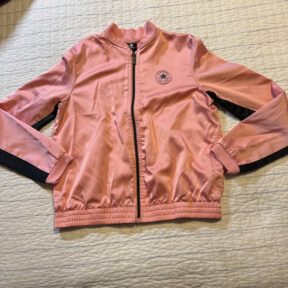 Converse All Star Kids XL Pink Satin Bomber Track Jacket Full Zip Black Stripe
